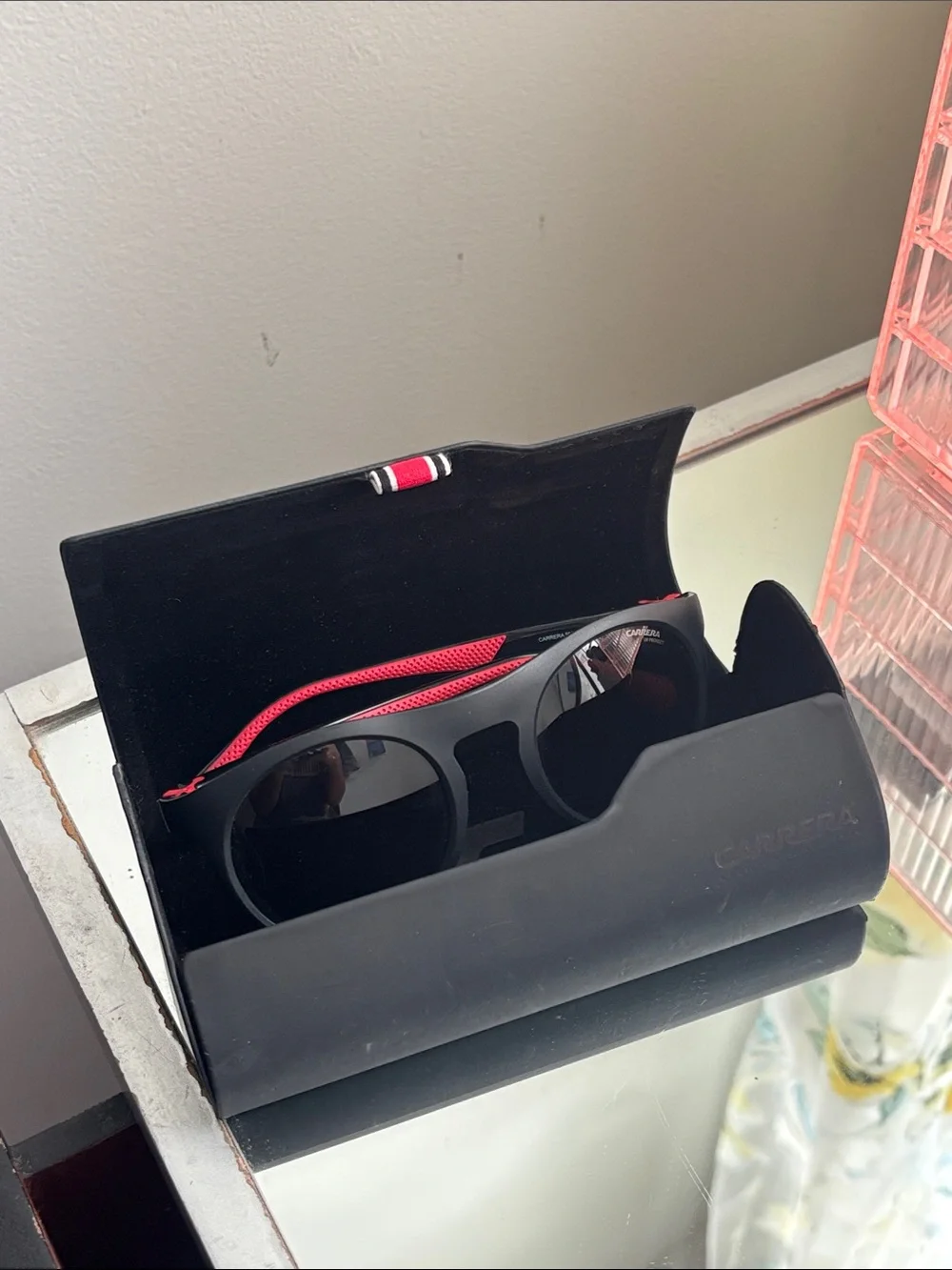 Carrera Black Sunglasses with Red Temple Accent